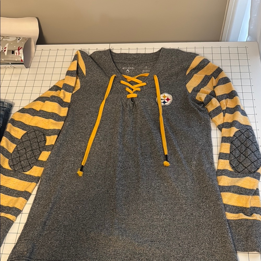 Antigua Heather Gray Top with Yellow Lace-Up